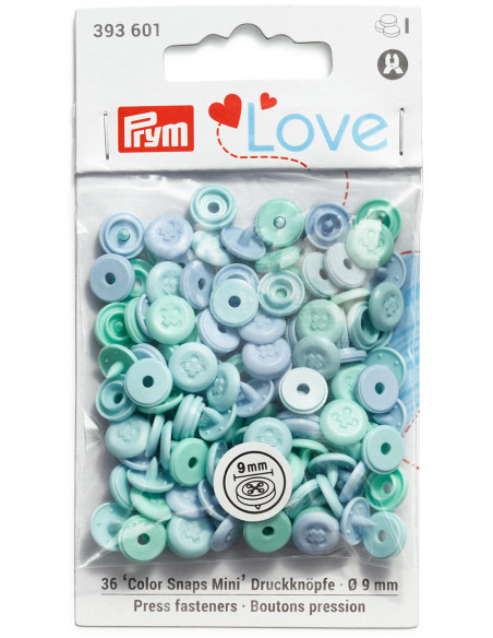 Set de 36 boutons pression Color Snaps Mini 9 mm Optique - Menthe, vert eau et bleu