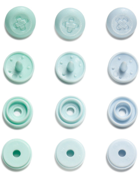Set de 36 boutons pression Color Snaps Mini 9 mm Optique - Menthe, vert eau et bleu