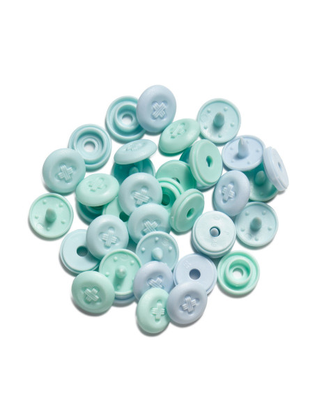 Set de 36 boutons pression Color Snaps Mini 9 mm Optique - Menthe, vert eau et bleu