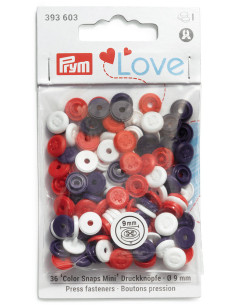 Set de 36 boutons pression Color Snaps Mini 9 mm Optique - Bleu, blanc et rouge