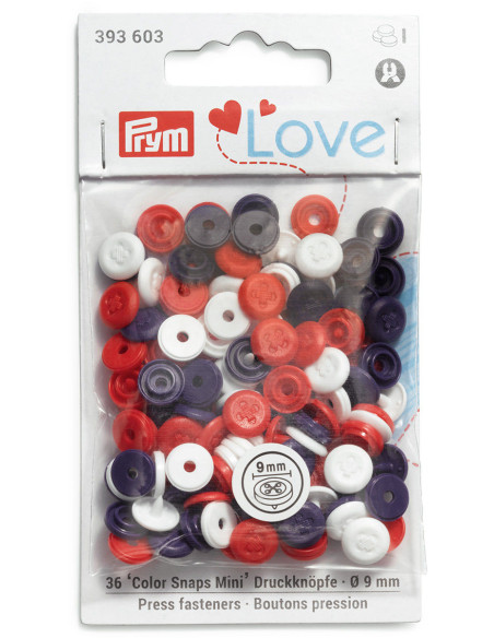 Set de 36 boutons pression Color Snaps Mini 9 mm Optique - Bleu, blanc et rouge