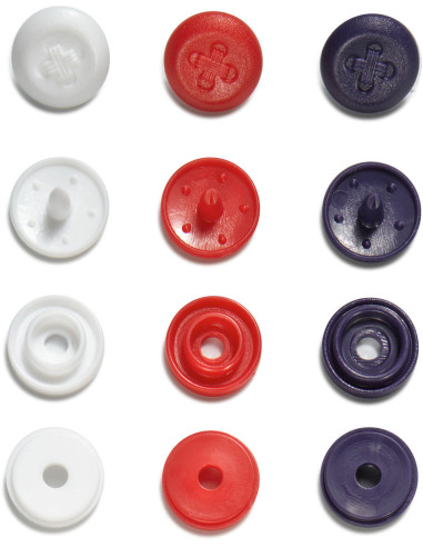 Set de 36 boutons pression Color Snaps Mini 9 mm Optique - Bleu, blanc et rouge