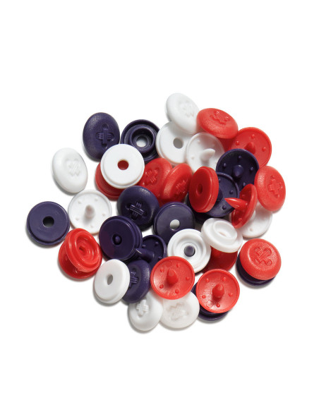 Set de 36 boutons pression Color Snaps Mini 9 mm Optique - Bleu, blanc et rouge