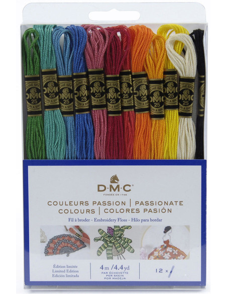 Pack de 12 échevettes fils à broder moulinés DMC - Couleurs passion