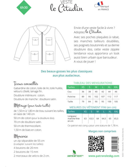 Patron de veste le Citadin - Les BG