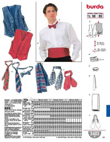 Patron de gilet, accessoires - Burda 3403