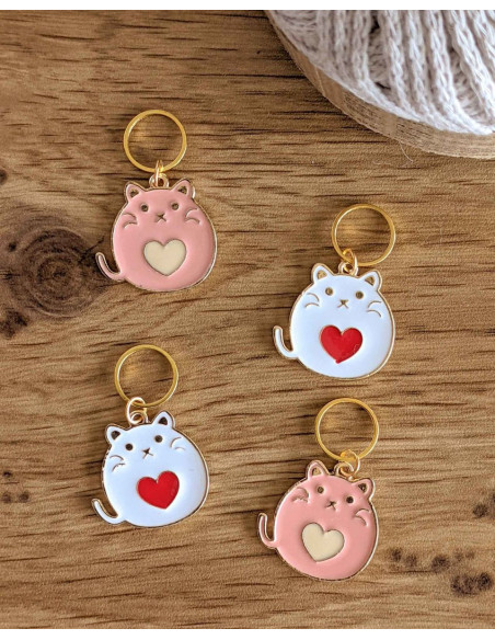 Lot de 4 anneaux marqueurs de maille - Chats coeurs
