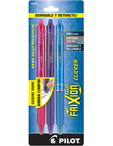 Set de 3 stylos roller Pilot FriXion Ball Clicker - Fuchsia, violet et turquoise