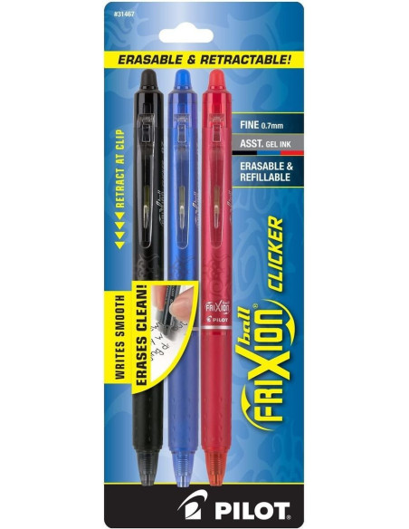 Set de 3 stylos roller Pilot FriXion Ball Clicker - Noir, bleu et rouge