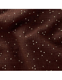 Tissu double gaze de coton mini pois dorés - Marron foncé