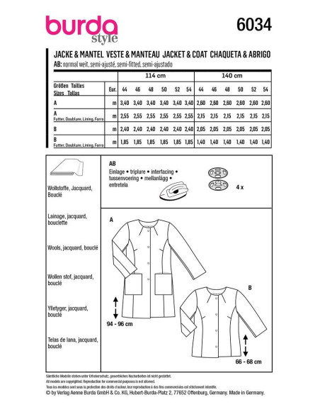 Patron de veste et manteau - Burda 6034