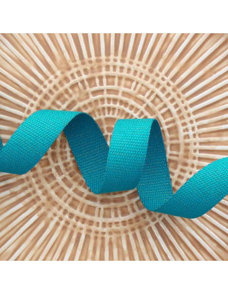 Sangle polyester lurex aspect coton - Bleu turquoise et or
