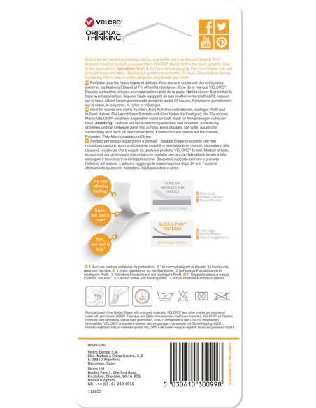 VELCRO® Brand Sleek & Thin adhésif pour textile 19mm x 60cm Blanc
