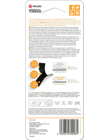 VELCRO® Brand Sleek & Thin adhésif pour textile 19mm x 60cm Noir