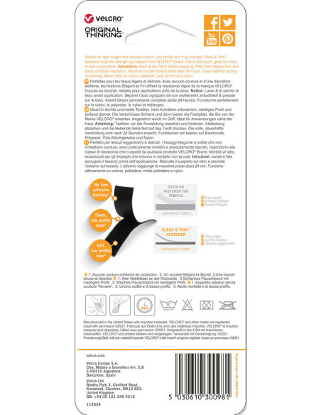 VELCRO® Brand Sleek & Thin adhésif pour textile 19mm x 60cm Noir