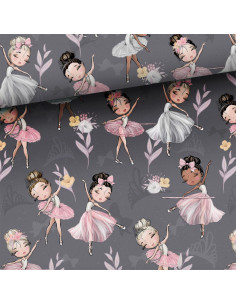 Tissu coton premium - Petites ballerines fond gris