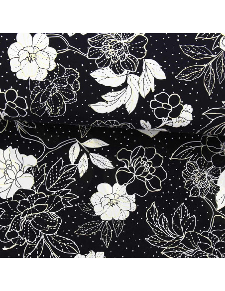 Tissu lycra maillot de bain - Fleurs noir et blanc