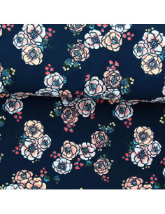 Tissu lycra maillot de bain - Fleurs fond bleu marine