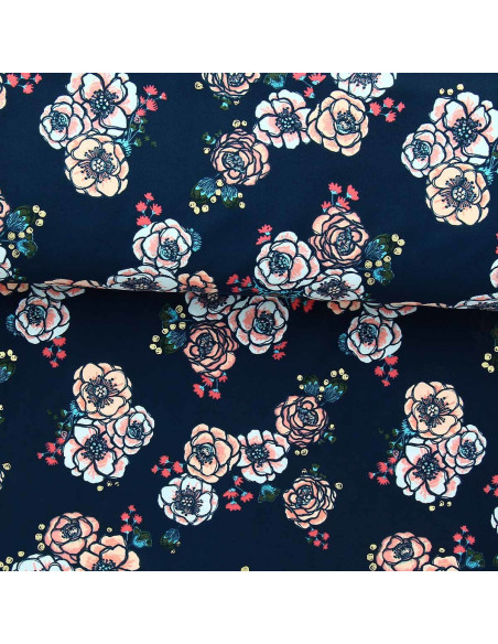 Tissu lycra maillot de bain - Fleurs fond bleu marine