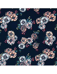 Tissu lycra maillot de bain - Fleurs fond bleu marine 2