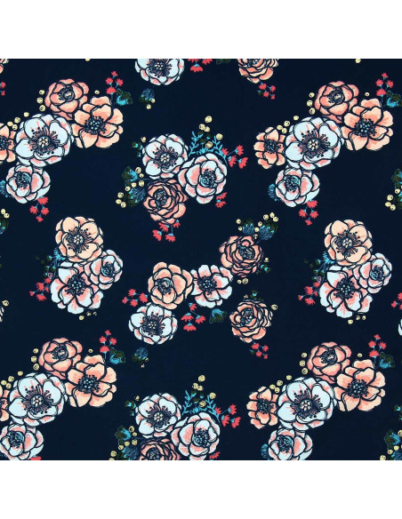 Tissu lycra maillot de bain - Fleurs fond bleu marine