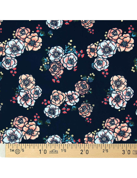 Tissu lycra maillot de bain - Fleurs fond bleu marine