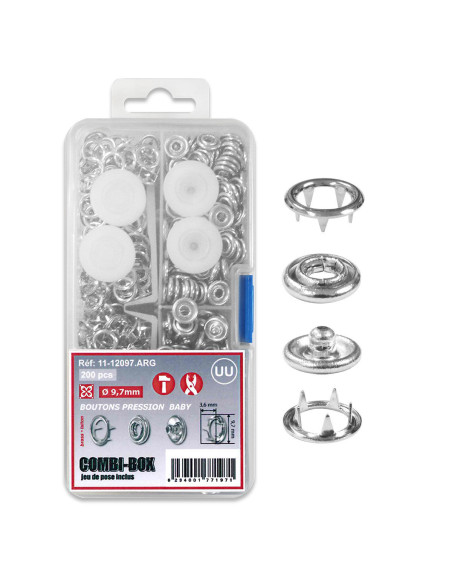 Combi-Box 200 boutons pression jersey baby - Argent 9,7 mm