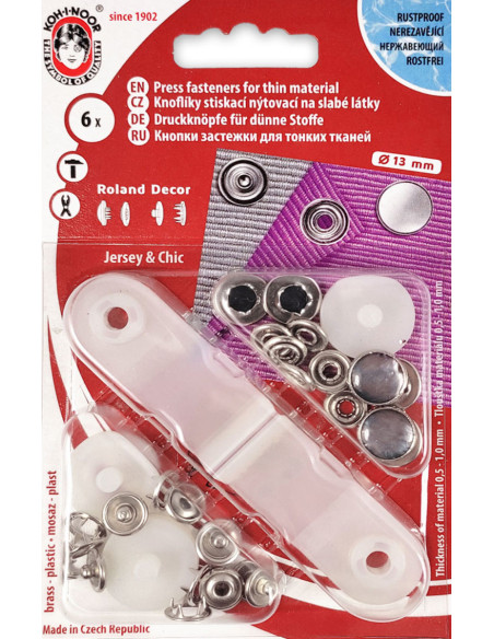 Boite de 6 boutons pression jersey Nacré Noir avec outil 13  mm