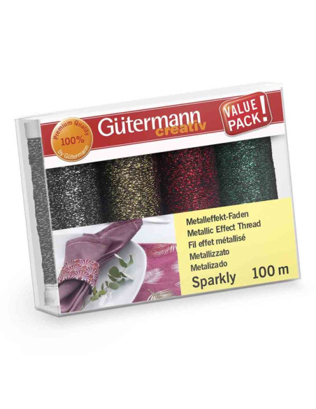 Set de 4 fils à coudre Gütermann Sparkly - Argent, or, rouge et vert