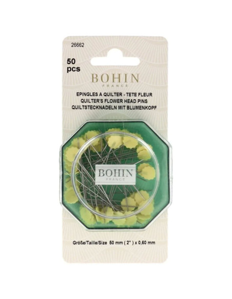 Boite de 50 épingles à quilter tête fleur jaune plastique Bohin