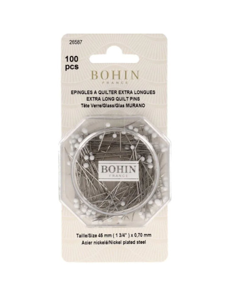 Boite de 100 épingles tête de verre extra-longues blanches Bohin