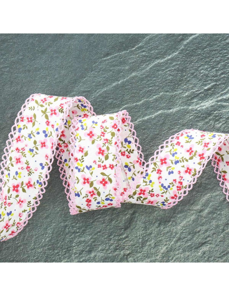 Biais replié picot fleurs - Rose