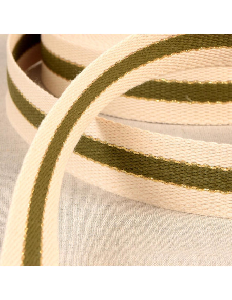 Sangle coton pour sacs - 3 bandes - Kaki