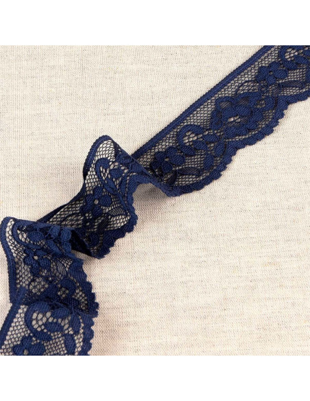 Dentelle élastique fleurie - Bleu marine