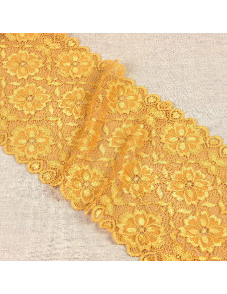 Dentelle élastique chemin de fleurs - Jaune moutarde
