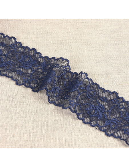 Dentelle élastique fleurs et tiges - Bleu marine