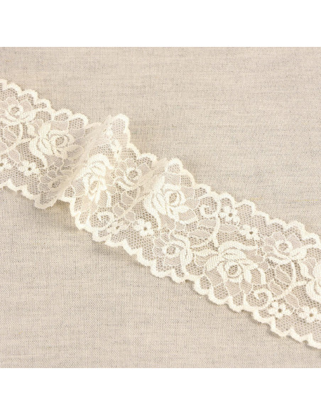 Dentelle élastique fleurs et tiges - Écru