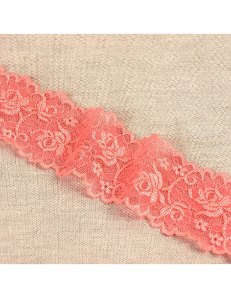 Dentelle élastique fleurs et tiges - Corail