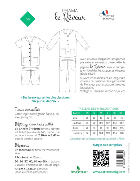 Patron de pyjama pour homme Le Rêveur - Les BG
