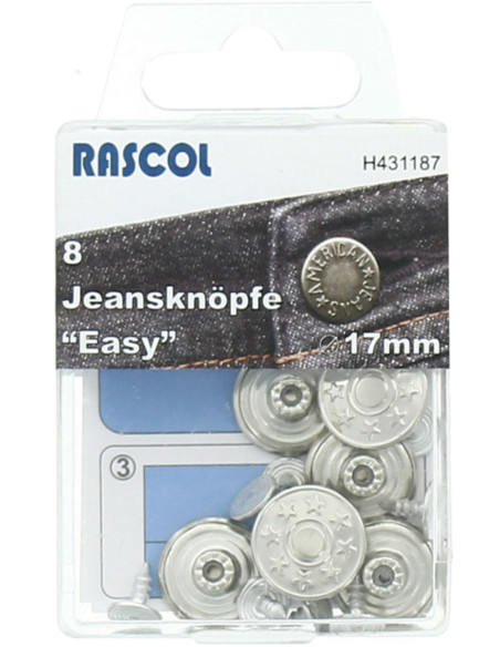Boite de 8 boutons jeans 17mm Rascol - Argent brillant étoiles
