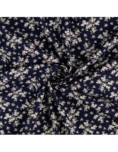 Tissu coton vintage - Fond bleu marine petites fleurs écrues