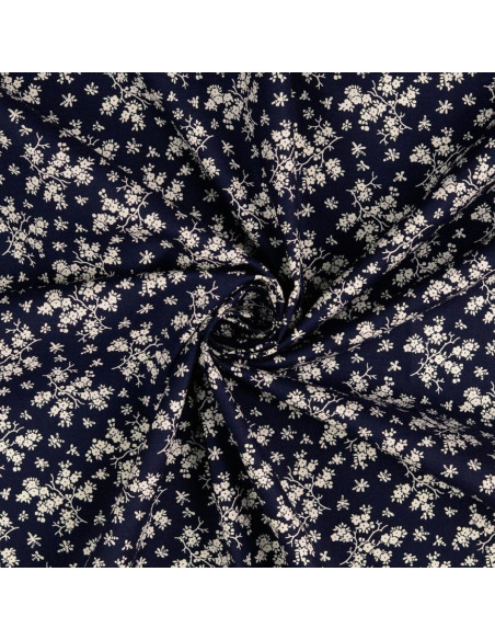 Tissu coton vintage - Fond bleu marine petites fleurs écrues