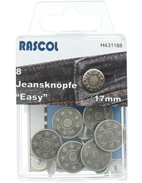 Boite de 8 boutons jeans 17mm Rascol - Argent mat étoiles
