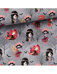 Tissu sweat - Fées d´halloween fond gris