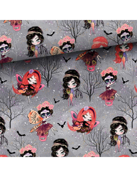 Tissu sweat - Fées d´halloween fond gris