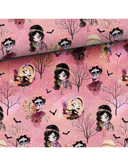 Tissu sweat - Fées d´halloween fond rose