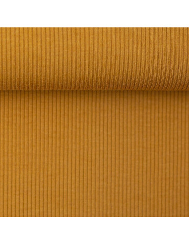 Tissu jersey coton maille fine côtelé - Jaune ocre