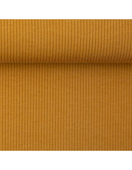 Tissu jersey coton maille fine côtelé - Jaune ocre