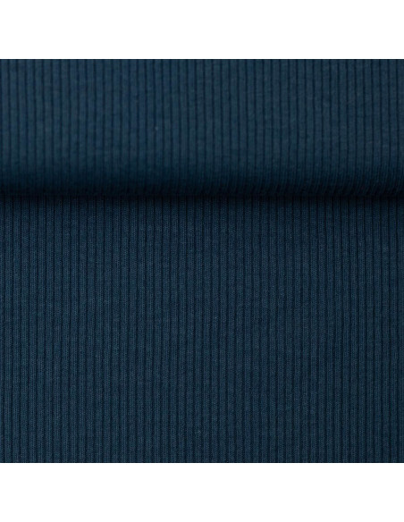 Tissu jersey coton maille fine côtelé - Bleu pétrole