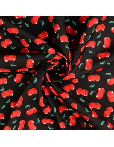 Tissu popeline de coton - Cerises fond noir
